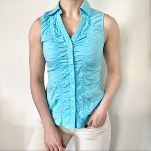 Express Y2K Aqua Blue Ruffle Button-Up Sleeveless Blouse Business Casual Momcore